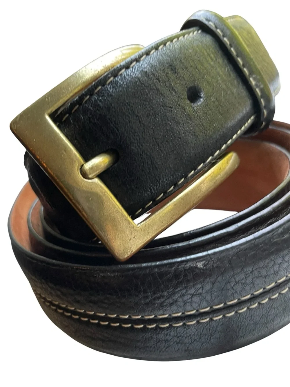 VTG Cole Haan Pebbled Leather Topstitched Belt Black Men's Sz 44 Brass BUCKLE